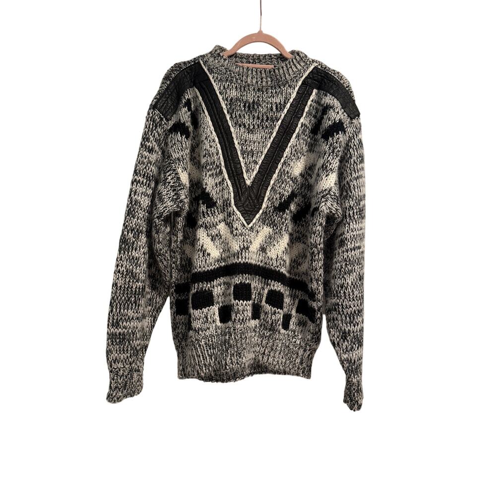 [Vintage] Men’s Black Gray Abstract Sweater w/ Faux Leather Detail  - Size M